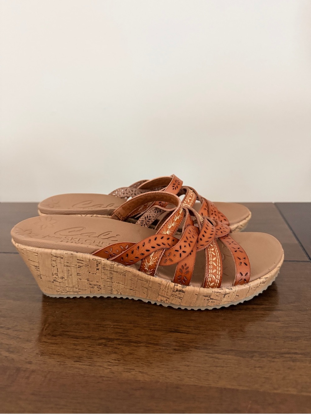 Women’s Skechers Luxe Foam Tan Leather Wedge Sandals - Sz 8. Worn twice. - Picture 2 of 5